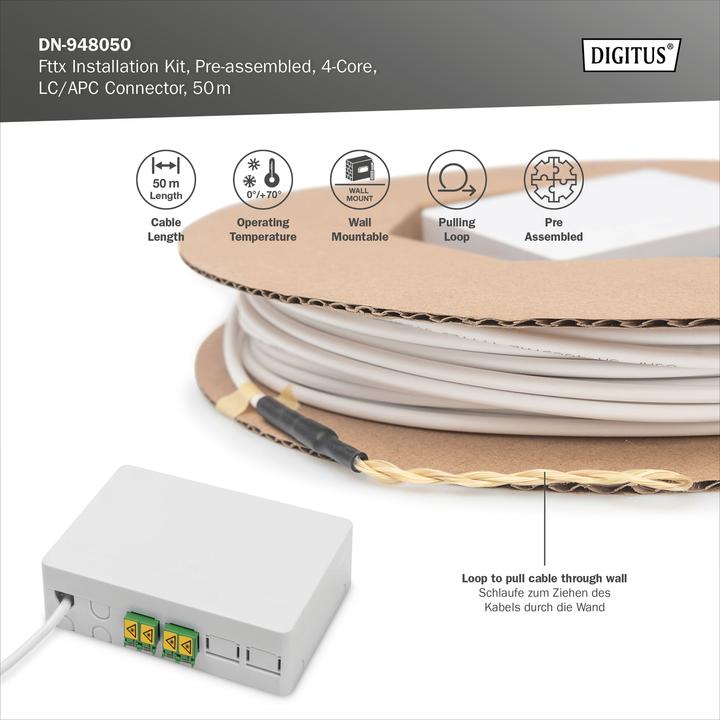 Immagine prodotto Digitus Kit di installazione Fttx LC/APC preassemblato/4 fibre/50m (50 m)