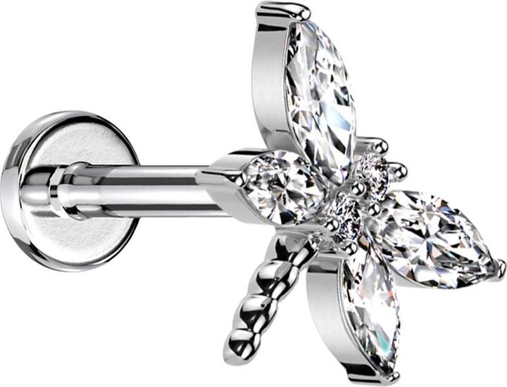 Star Piercing Micro Threadless Labret silber Libelle silber Flügel Kristalle silber (Messing, Chirurgenstahl 316L)