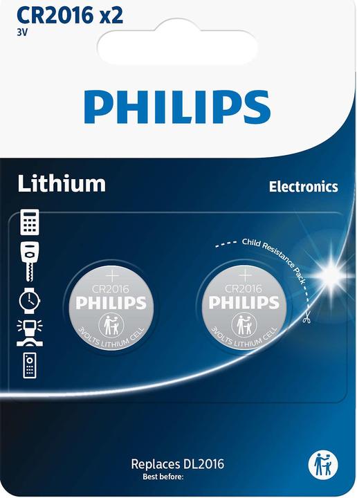 Philips Knopfzelle Knopfzelle Lithium CR2016 2 Stück (2 Stk., CR2016, 75 mAh)