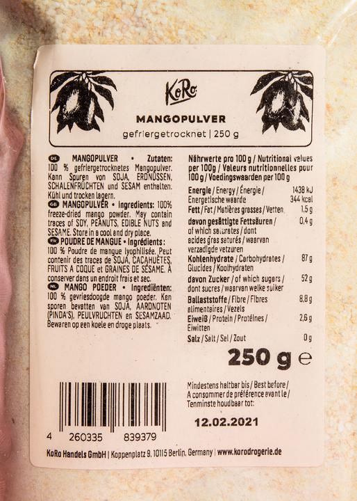 Nutritional values and ingredients KoRo Freeze-dried mango powder (250 g)