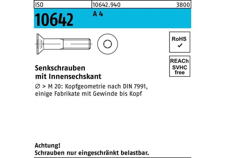 Produktbild SanDisk DIN 7991 Senkkopf-Schaftschraube M20x130 Edelstahl A4 blank Innensechskant (10 Schrauben pro Stück)