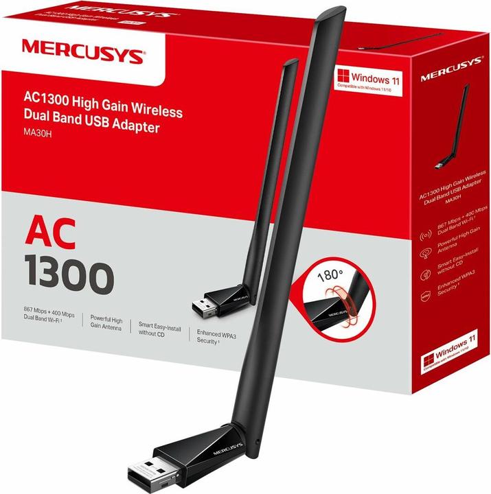 Actual product image Mercusys TP-LINK MA30H AC1300 High Gain Wi-Fi USB Adapter (USB)