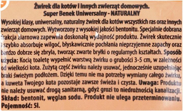 Voedingswaarden en ingrediënten Certech SUPER BENEK UNIVERSAL Kattenbakvulling Bentoniet Strooisel Naturel 5 l (Bindmiddel, Snel absorberend, 8 kg)