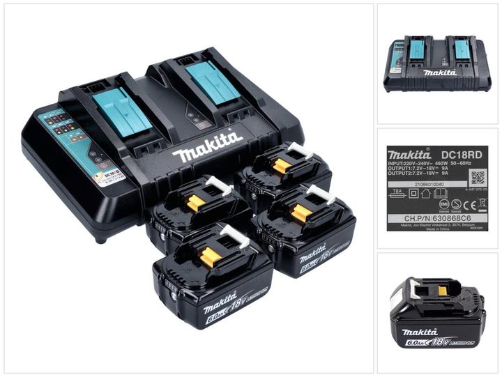 1x Makita DC 18 RD Doppel Schnellladegerät 14,4 V - 18 V LXT ( 196933-6 ) - 4x Makita BL 1860 B 18 V 6,0 Ah Akku