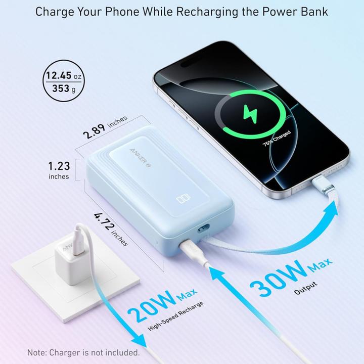 Actual product image Anker Power bank | Power Bank with Built-In USB-C Cable | A1689031 | 20000 mAh | 30W Output | Blue (20000 mAh, 30 W)