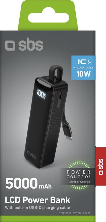 Actual product image SBS 5000mAh power bank with integrated USB-C cable and display (5000 mAh, 10 W)