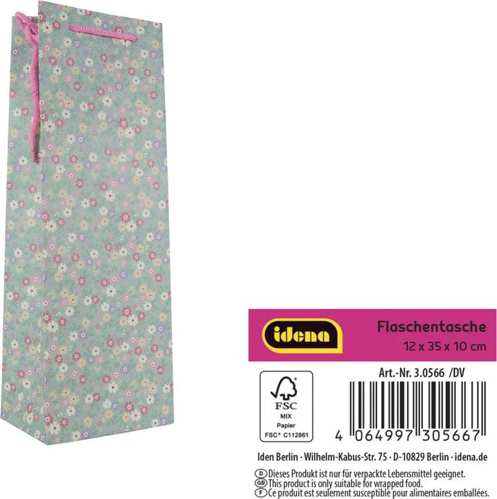 Produktbild Idena Flaschentasche Blumen Kraftpapier 140g/m² grün 12,5x35x9cm (Flaschentasche)