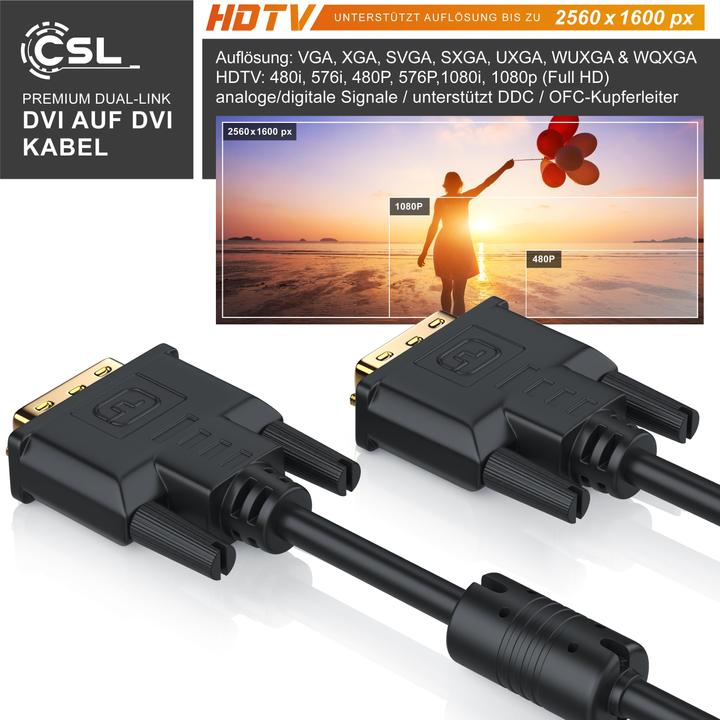 Produktbild CSL DVI zu DVI Kabel - Dual Link 24 1 - HDTV Auflösungen bis 2560x1600 - Ferritkern - OFC Kupferleiter (1.50 m, DVI)