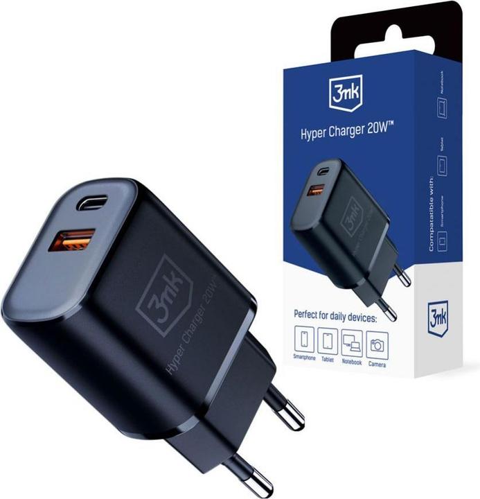 Immagine prodotto 3MK HyperCharger 20W 1xUSB-C + 1xUSB-A ładowarka sieciowa PD/QC czarna/nero (20 W)