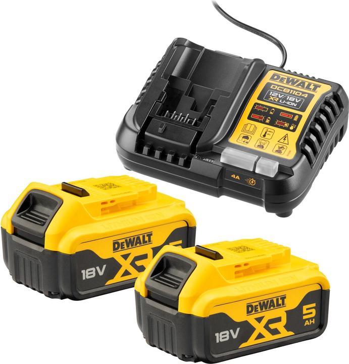 2 x Li-Ion Akkupacks DeWalt 18 V, 1 x Ladegerät DeWalt DCB1104, 5.0 Ah