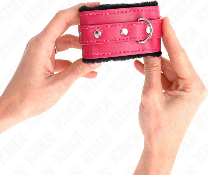 Actual product image Kink PREMIUM FURNISHED Wrist Cuffs BLACK ADJUSTABLE WITH RASPBERRY ROSE BELT 17-29