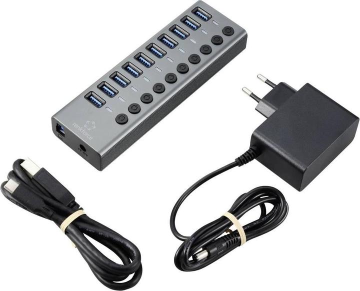Image du produit Renkforce Commutateur 10 ports USB 3.2 Gen 1 + Hub (USB 3.0) avec boîtier aluminium Argent-Noir (USB-A, 10 Ports)