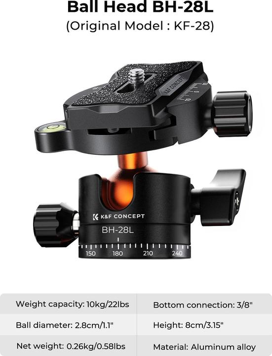 Image du produit K&F Concept K254A3+BH-28L Trépied en alliage d'aluminium et de magnésium