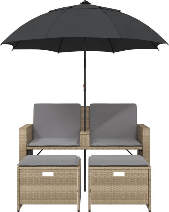 Produktbild VidaXL Gartensofa 2-Sitzer Sonnenschirm und Hocker Poly-Rattan