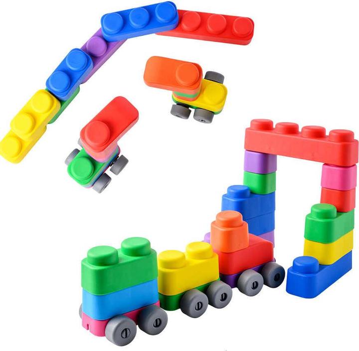 Image du produit Montessori Jouets, Jouets éducatifs, Blocs souples et roues - 25 blocs et 16 roues