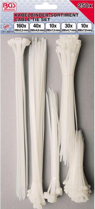 Produktbild BGS Kabelbinder-Sortiment weiss verschiedene Grössen 250-tlg. (Kunststoffkabelbinder, 300 mm, 250 Stk.)