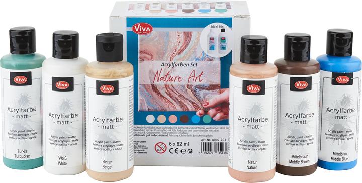 Viva Decor Set di colori acrilici "Nature Art", 6 pezzi (Blu medio, Bianco, Marrone medio, Turchese, Beige, Natura, 82 ml)