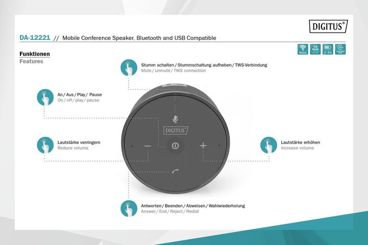 Actual product image Digitus Mobile Conference Speaker, Bluetooth and USB comptible (10 h, Battery operated)