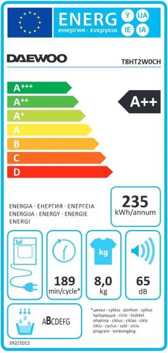 Label énergétique Daewoo T8HT2W0CH (8 kg, Droite)
