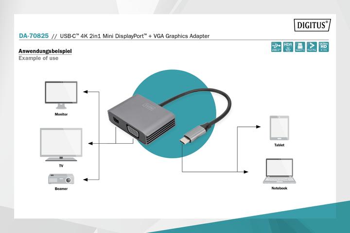 Produktbild Digitus USB-C™ 4K 2in1 Mini DisplayPort + VGA Grafik-Adapter (Mini DP, VGA, 20 cm)
