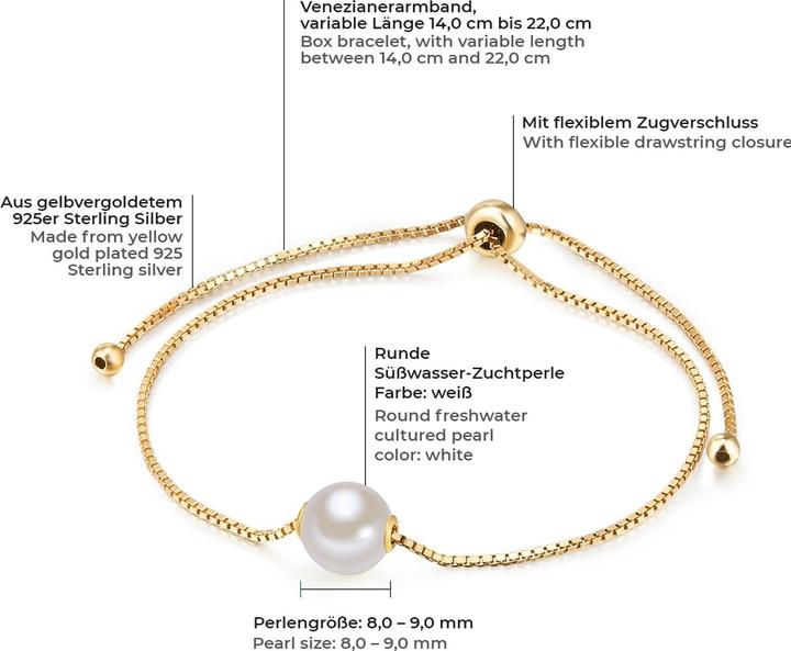 Immagine prodotto Valero Pearls Donna Argento 925 Perle d'acqua dolce coltivate Oro giallo 14,0 - 22,0 cm, flessibile e regolabile (22 cm, Argento)