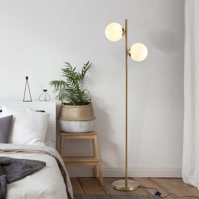 Produktbild Swisshandel24 Stehlampe Stehleuchte Standleuchte 2-teiliger Glas-Lampenschirm, Stahl+Glas, 39 x 28 x 165cm (Golden (E27)