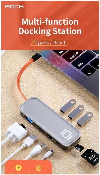 Image du produit Neo ROCK TR01 10-en-1 Type-C/USB-C vers HDMI + VGA Adaptateur hub multifonction (argenté) (USB-C, 10 Ports)