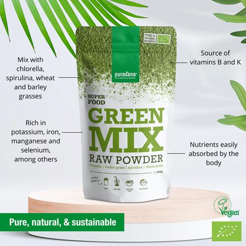 Image du produit Purasana Green Mix 100% Raw Powder (200g) (1 pièce(s), Poudre, 200 g)