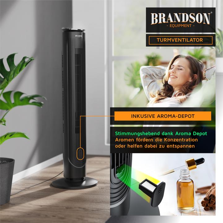 Actual product image Brandson Turmventilator, Fernbedienung, Aromafach, 40 W, Oszillation, 3 Modi, Timer, leise, Standventilator (40 dB)