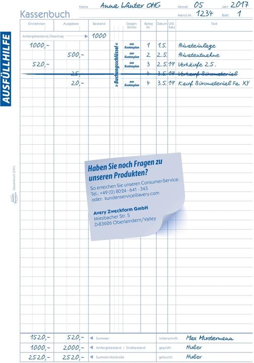 Nährwerte und Zutaten Avery Kassenbuch (100 x)