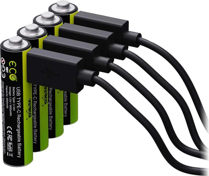 Actual product image Verico Li-Ion USB-C Micro AAA Battery 1.5V 900mWh 600mAh chargeable via USB (4 pcs., AAA, 600 mAh)