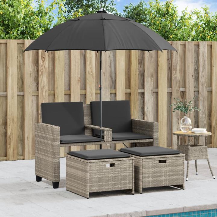 Produktbild VidaXL Gartensofa 2-Sitzer Sonnenschirm Hocker Gartenbank Hellgrau Poly Rattan