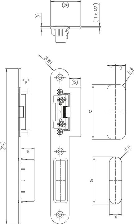 Produktbild KFV Lappenschliessblech 8050 mit AT-Stück 115, 204 x 24 x 3mm, rechts, Edelstahl (Türgriff)