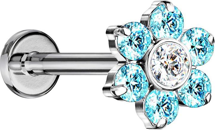 Star Piercing Micro Threadless Labret silber Blume Kristalle aqua (Titan G23, ohne Messing)