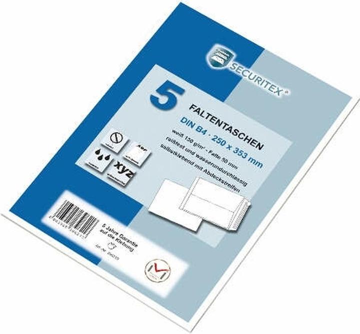 Produktbild Securitex Faltenversandtasche, B4, weiss, ohne Fenster 130 g-qm, Falte: 50 mm, Masse: (B)250 x (H)353 mm (5 x)