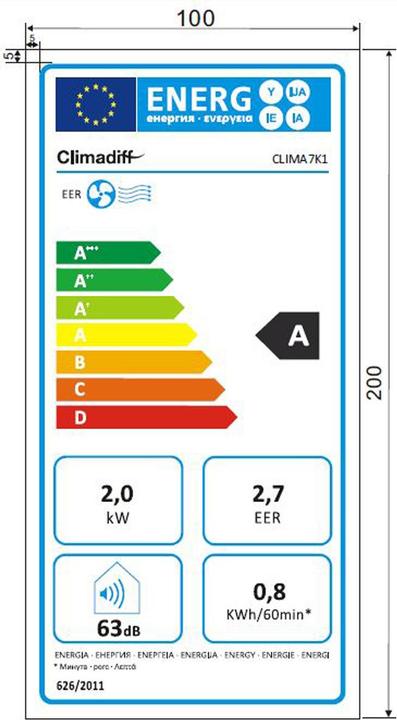 Energy Label Climadiff Clima7K1 (20 m², 7000 BTU/h)