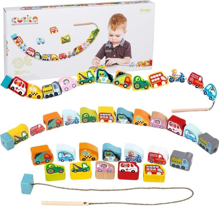 Actual product image Cubika Wood threading game flying cars (German, English, French, Italian)