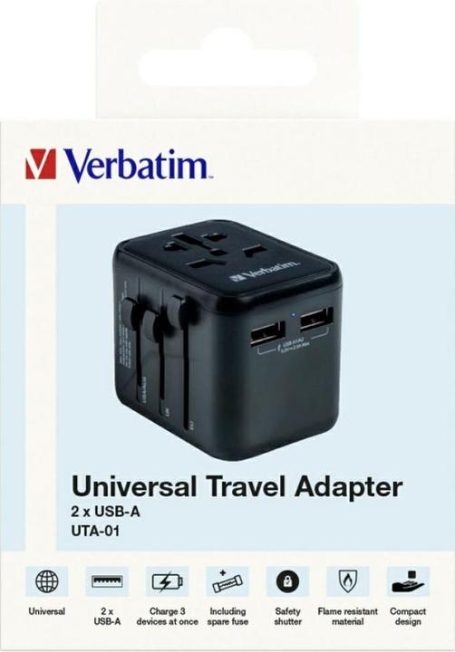 Actual product image Verbatim Universal Travel Adapter with 2 x USB-A ports