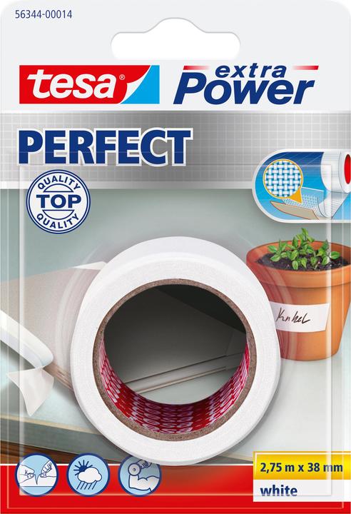 Actual product image tesa extra Power Perfect, 2.75 m, White, Fabric, Cardboard, Paper, 38 mm, Cardboard with hanger (38 mm)