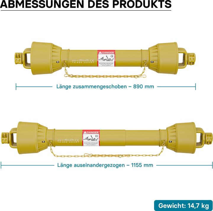 Produktbild Wiltec Zapfwelle T6 Gelenkwelle 1155mm 830Nm 540U/min PTO-Shaft 74kW 2x 1 3/8" 6 Zähne