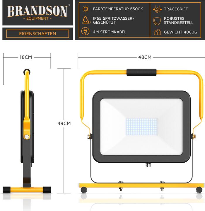 Produktbild Brandson Baustrahler, 100W LED Arbeitsleuchte, Tragegriff, 10000 Lumen, Bauscheinwerfer, 4m Kabel, IP65 (9500 lm)