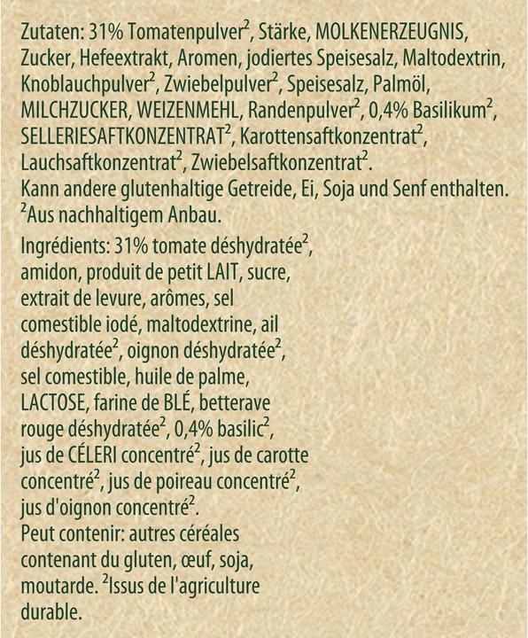Valeurs nutritives et ingrédients Knorr Quick Soup Tomato, tomates mûries au soleil avec des herbes, soupe à la tomate facile à préparer