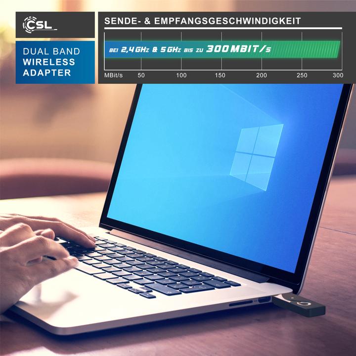 Image du produit CSL Adaptateur USB WLAN 600 MBit/s Dual Band Stick WiFi Adapter 300 Mbps 2.4GHz 300 Mbps 5GHz Windows 11 (USB 2.0)