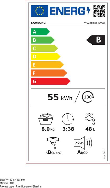 Energy Label Samsung WW8ET554AAW/S2 Washing machine (front-loading, freestanding, 8 kg, B, 1,400 rpm, WiFi, voice (8 kg)