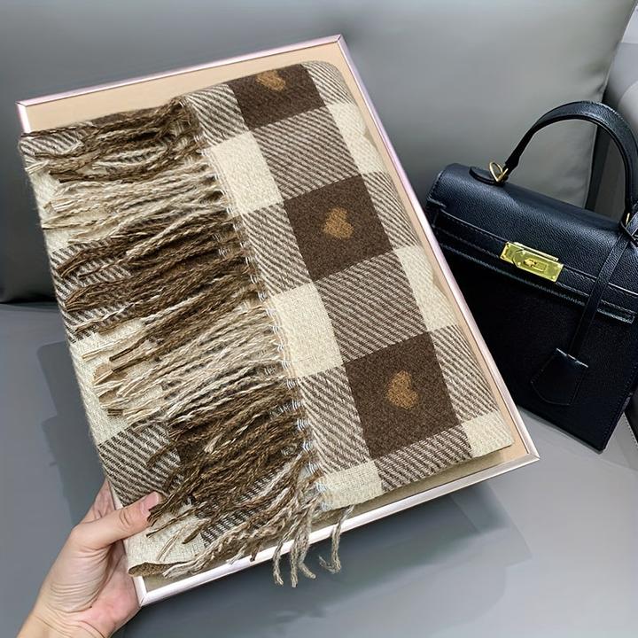 Immagine prodotto Only-Bags.Store Sciarpa con motivo a cuore su entrambi i lati, avvolgicollo invernale a quadri, scialle accogliente