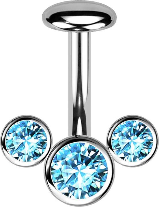 Star Piercing Threadless Labret-Stab Banane silber front drei Kristalle aqua (Titan G23)