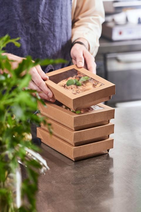 Actual product image Duni Viking Brick Lid with PLA Window Brown Cardboard/PLA 200x140x30 (300 pcs.)