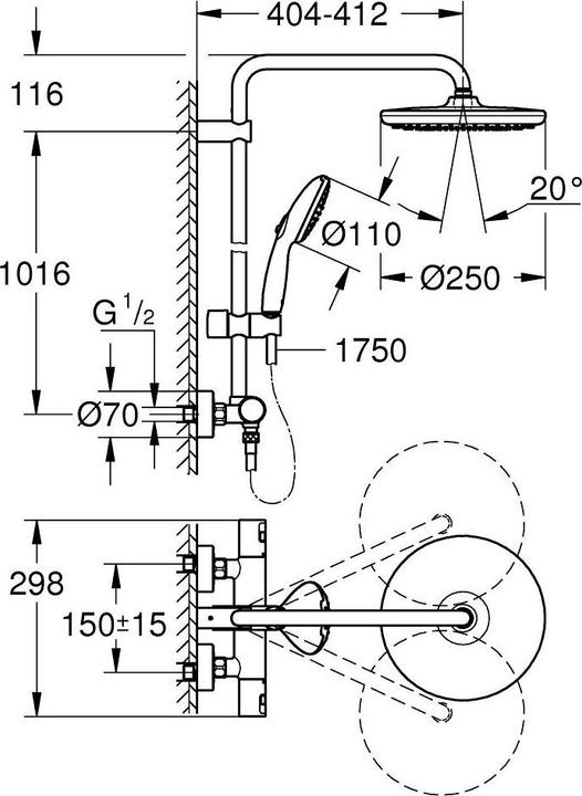 Produktbild Grohe Vitalio Start System 250 Duschsystem mit Thermostatbatterie, variable Bohrlöcher, wassersparend, mat