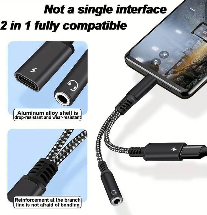 Actual product image PhoneLook Adaptateur audio 2 en 1 USB-C vers jack 3.5mm + USB-C 30W Fast Charge (3.5mm jack, USB Type C)