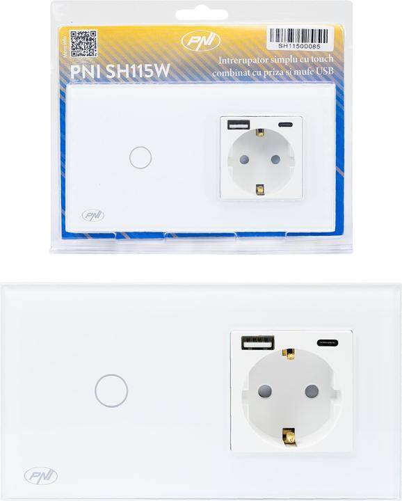 PNI SH115W simple glass switch with touch, combined with Schuko socket outlet and USB plugs